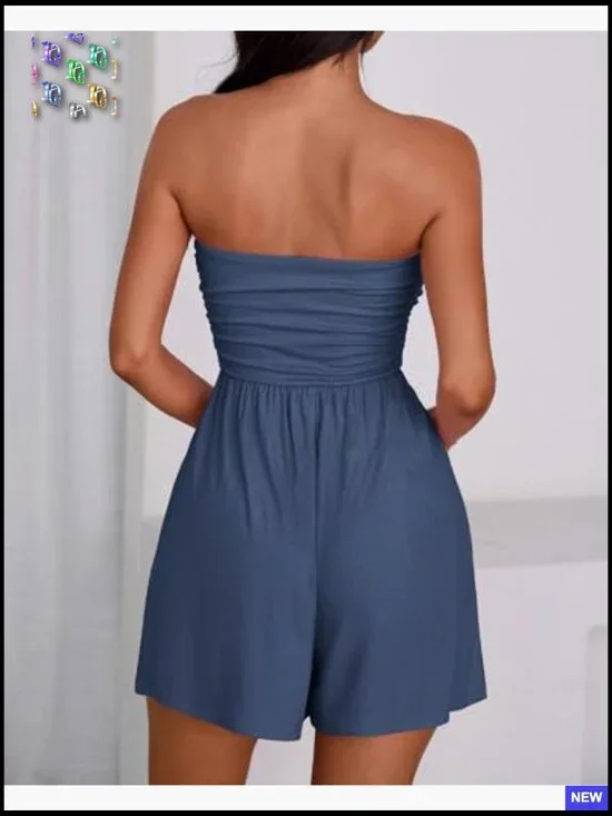 Strapless Tube Romper Boho Loose Shorts Jumpsuit with Pockets Elegant Summer - Picture 3 of 7